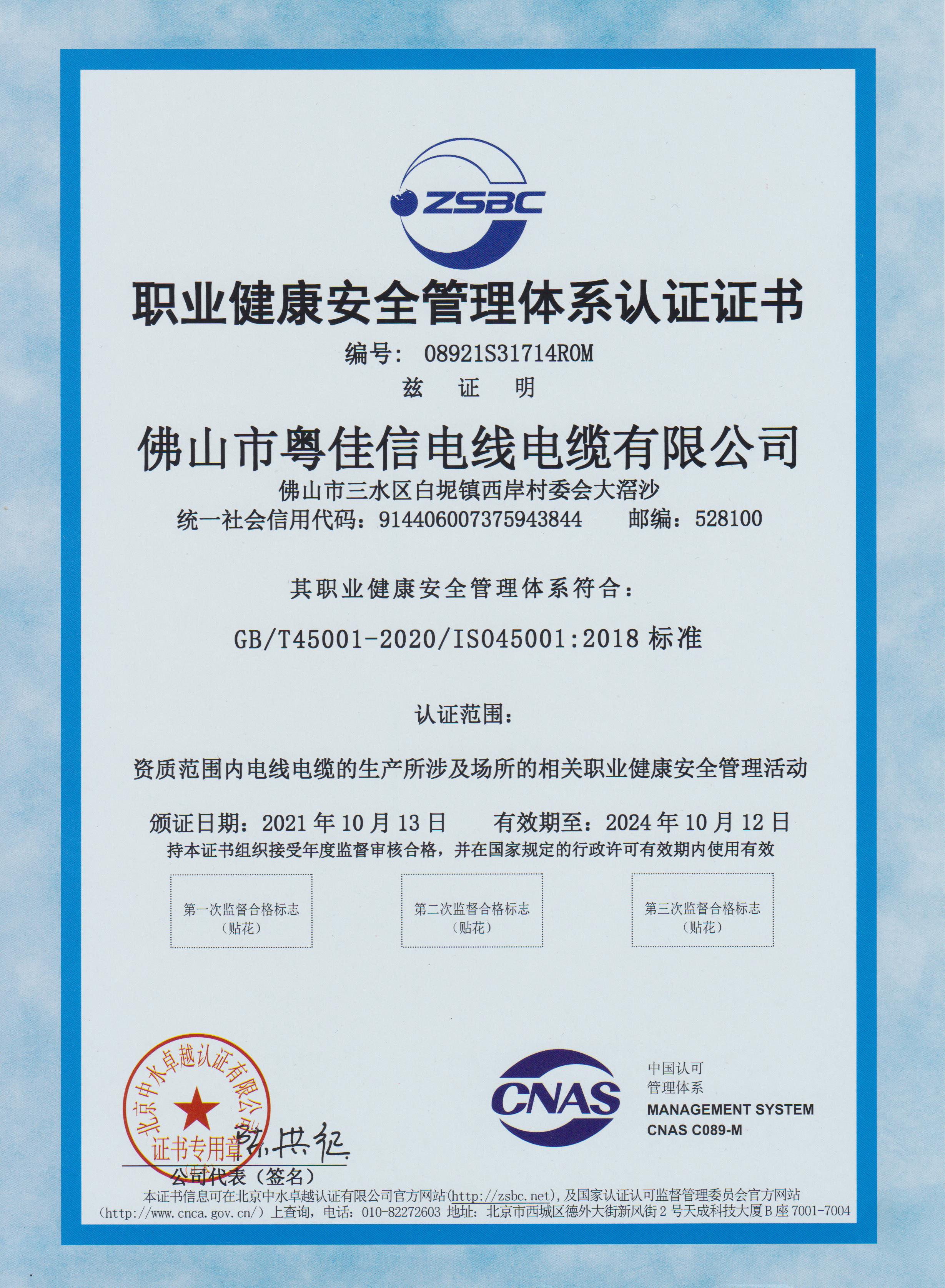 職業(yè)健康安全管理體系認(rèn)證證書(shū)
